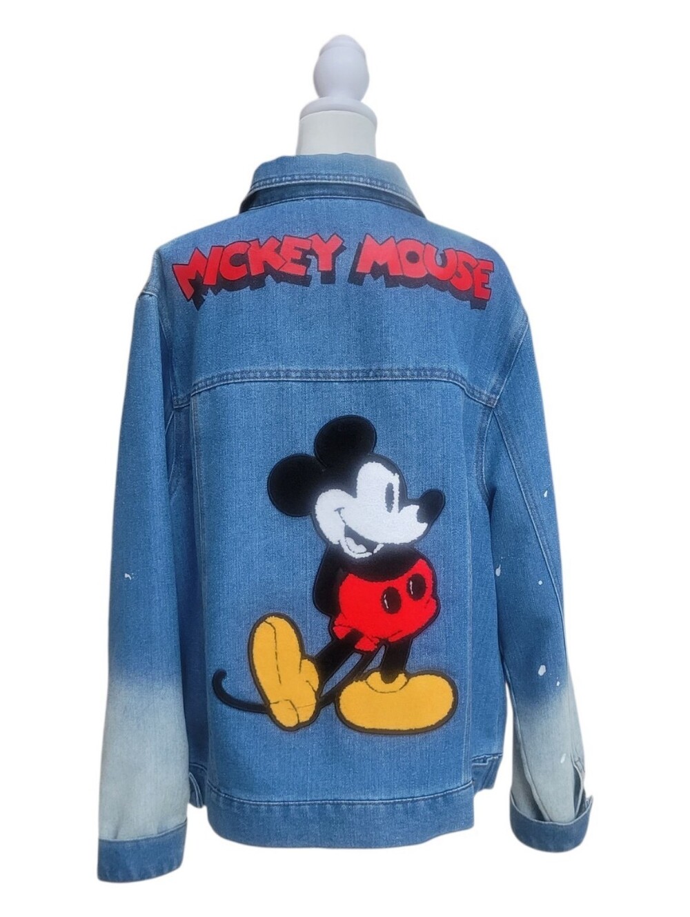 Vintage 90s Disney Mickey Mouse Denim Jacket Distressed Splatter Fade Y2K